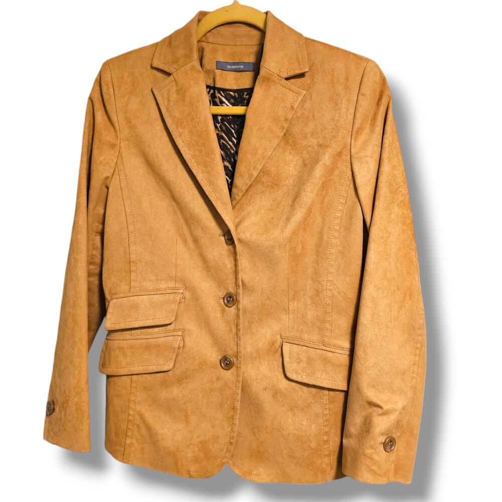 Liz Claiborne Faux Suede Jacket Blazer Lined Casual Vintage Single Breasted Tan